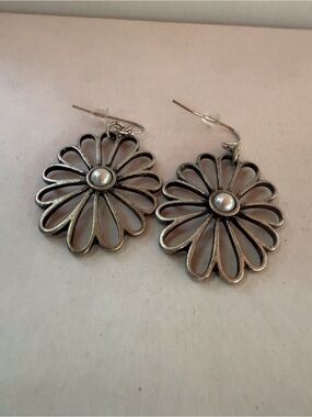 Lia Sophia Silver Floral Drop Earrings with Pearl Center - Women Jewelry